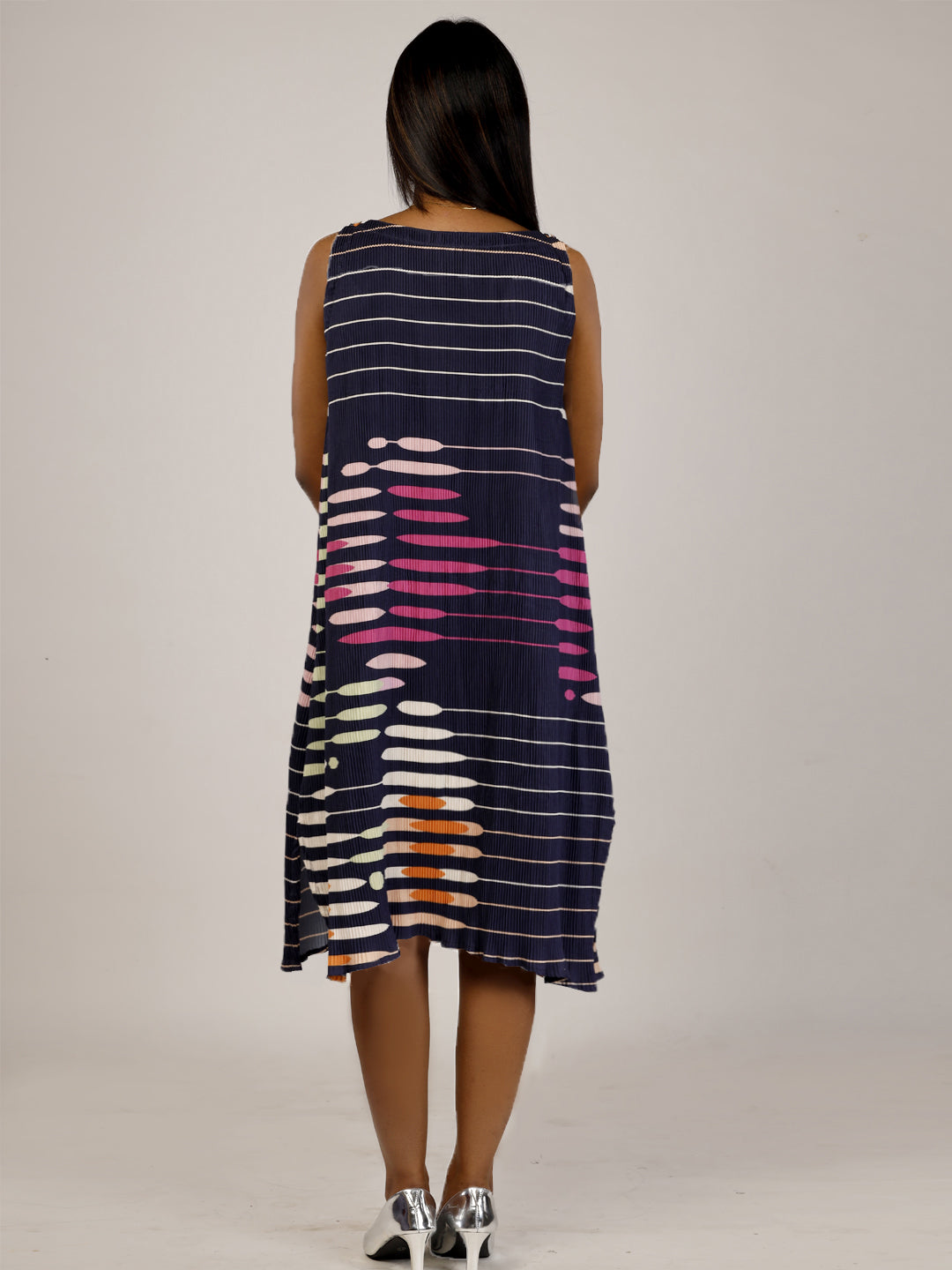 Navy Blue Fluted Floral Dress