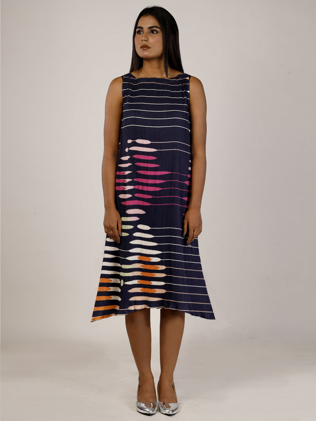 Navy Blue Fluted Floral Dress