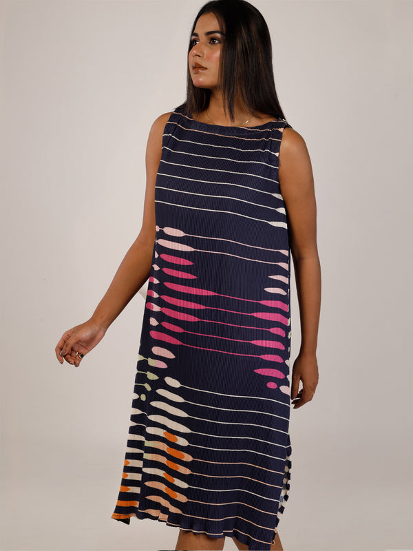Navy Blue Fluted Floral Dress