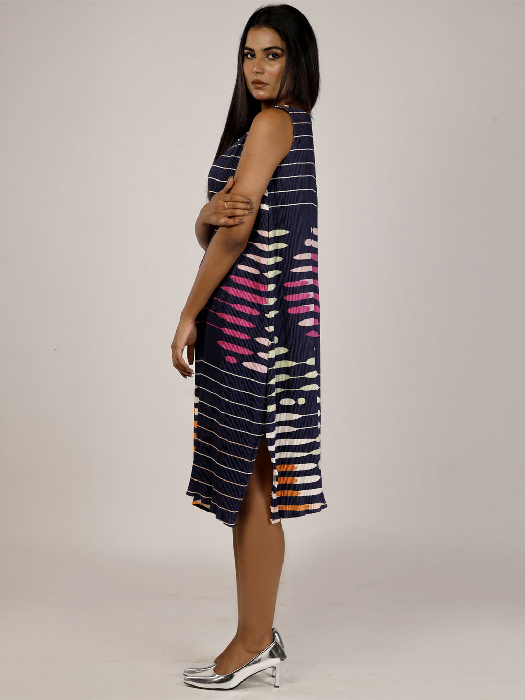 Navy Blue Fluted Floral Dress