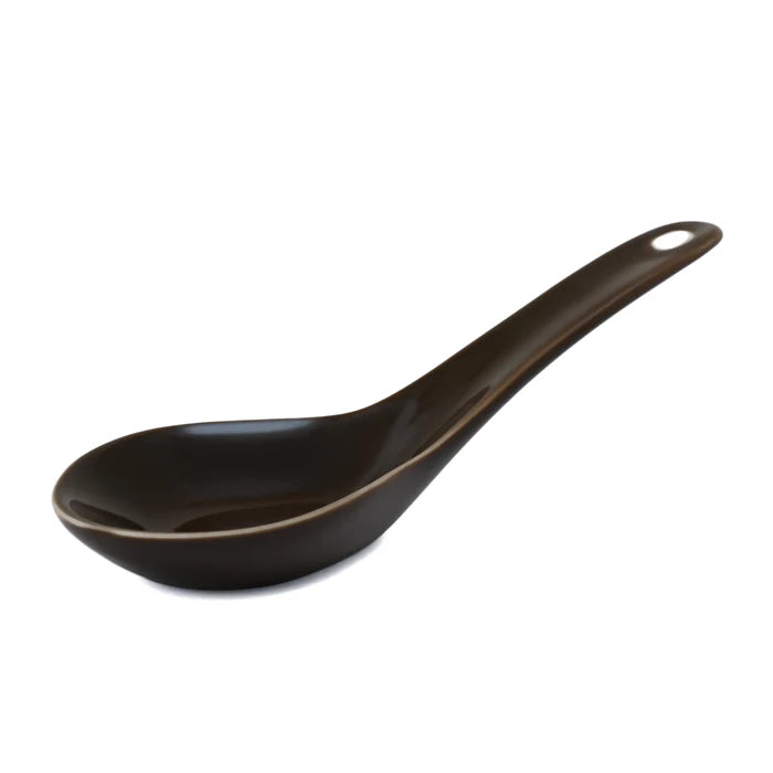 Glossy Brown Soup Bowl with Spoon
