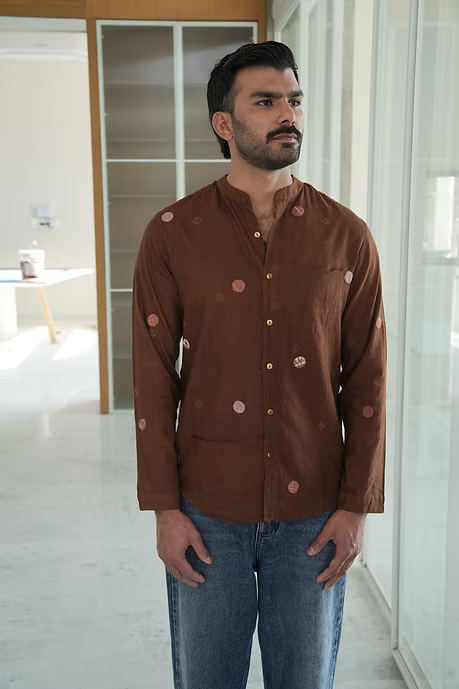 BROWN FULL SLEEVE MEN’S MANDARIN COLLAR SHIRT